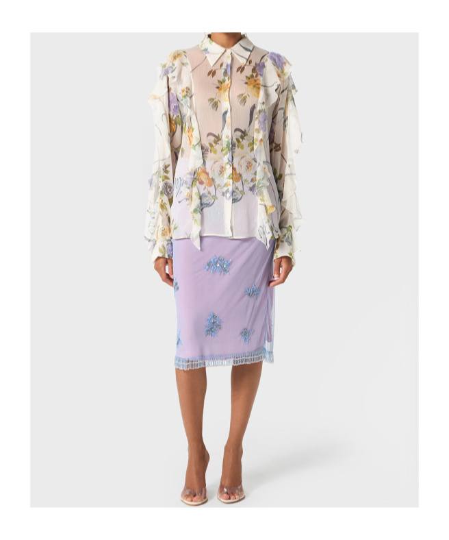 BLUMARINE BLUMARINE FLORAL PRINTED SEMI SHEER RUFFLED SHIRT 