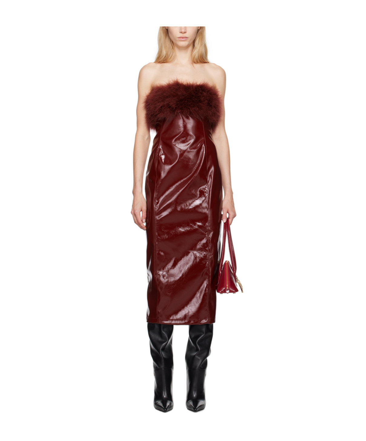 Shop Blumarine Marabou-feathers Patent Midi Dress In Brown