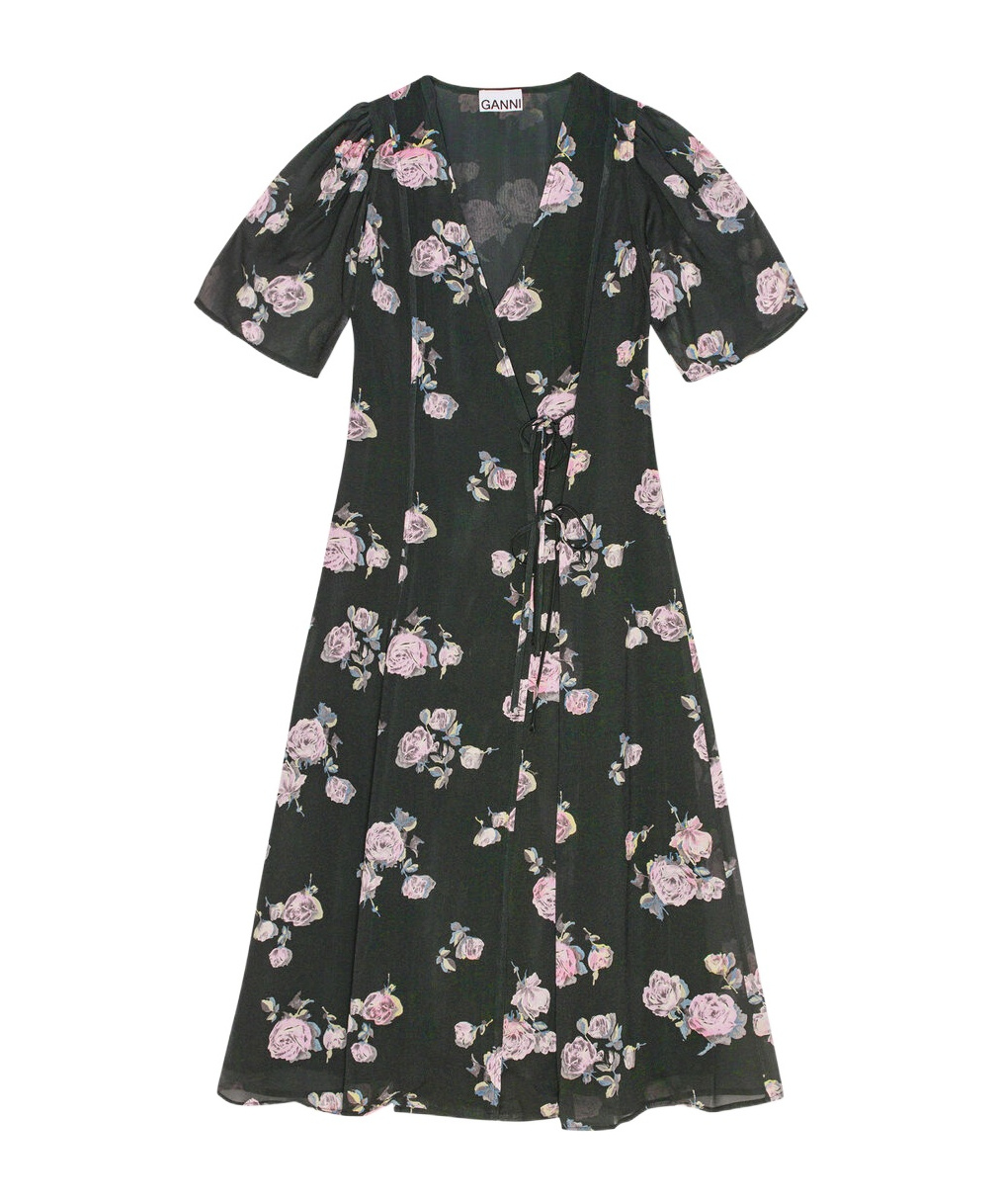 Ganni Floral-print Crepe Wrap Midi Dress In Black