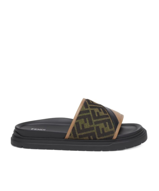 Fendi Brown Ff Jacquard And Beige Leather Slides In Black