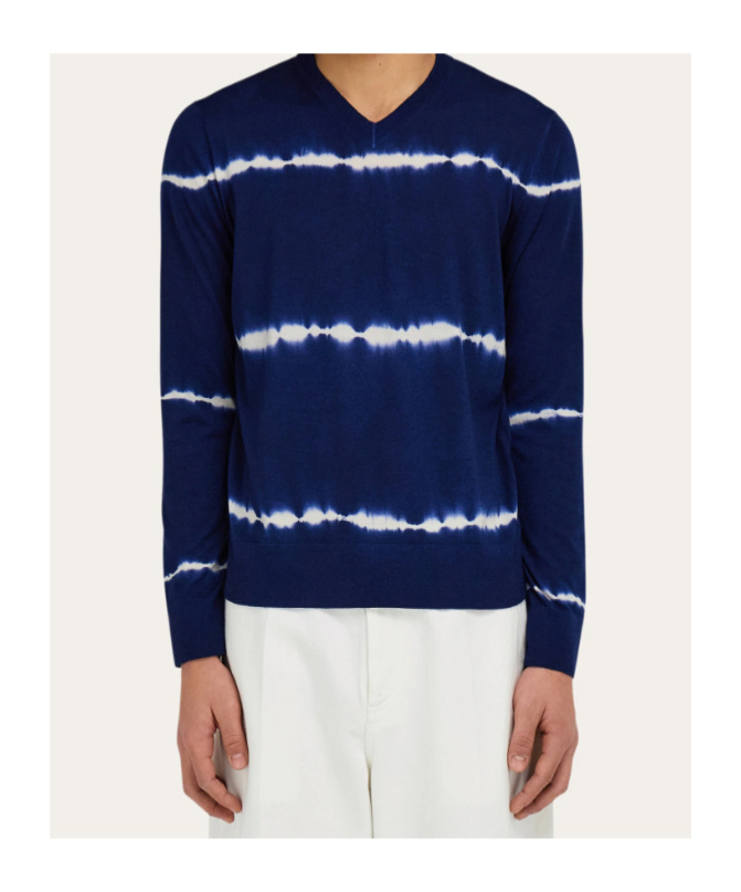 Ferragamo Tie Dye Wool V-neck Pullover In Blue