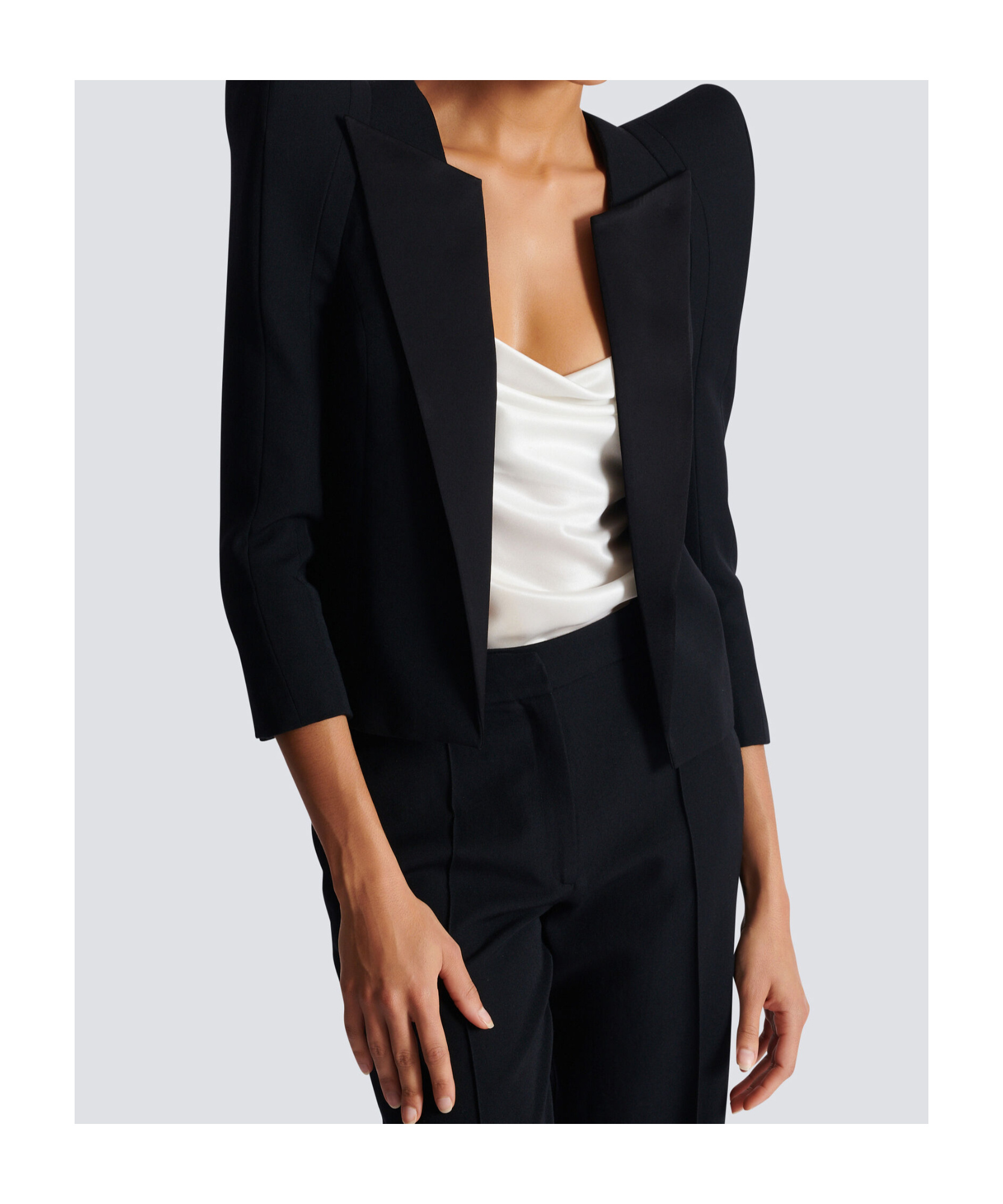 Shop Balmain Cropped Grain De Poudre Jacket With Structured Shoulders In Black
