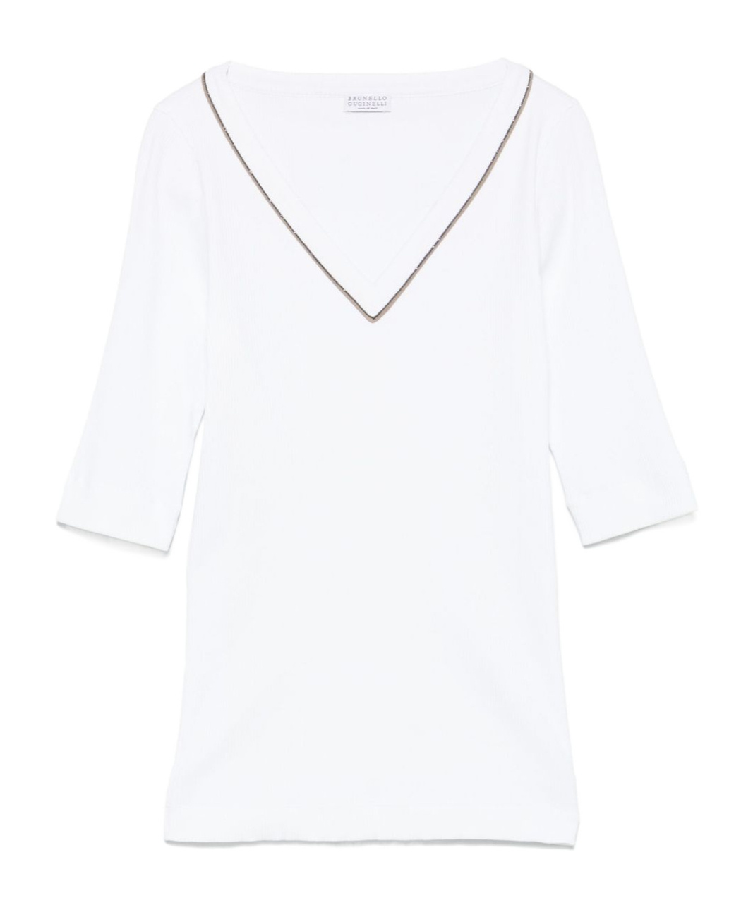 Brunello Cucinelli Ribbed V-neck 3/4 Sleeves Crewneck Contrast Trim In White