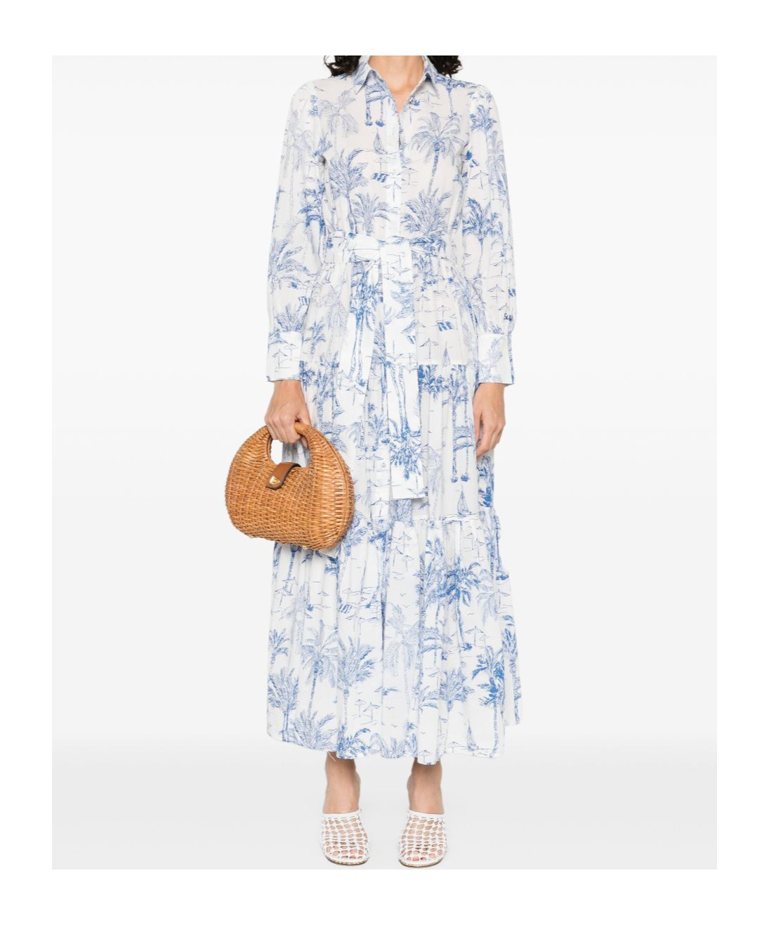 Mc2 Saint Barth Tropical Print Maxi Dress With Front Button Fastening And Belted Waist In White