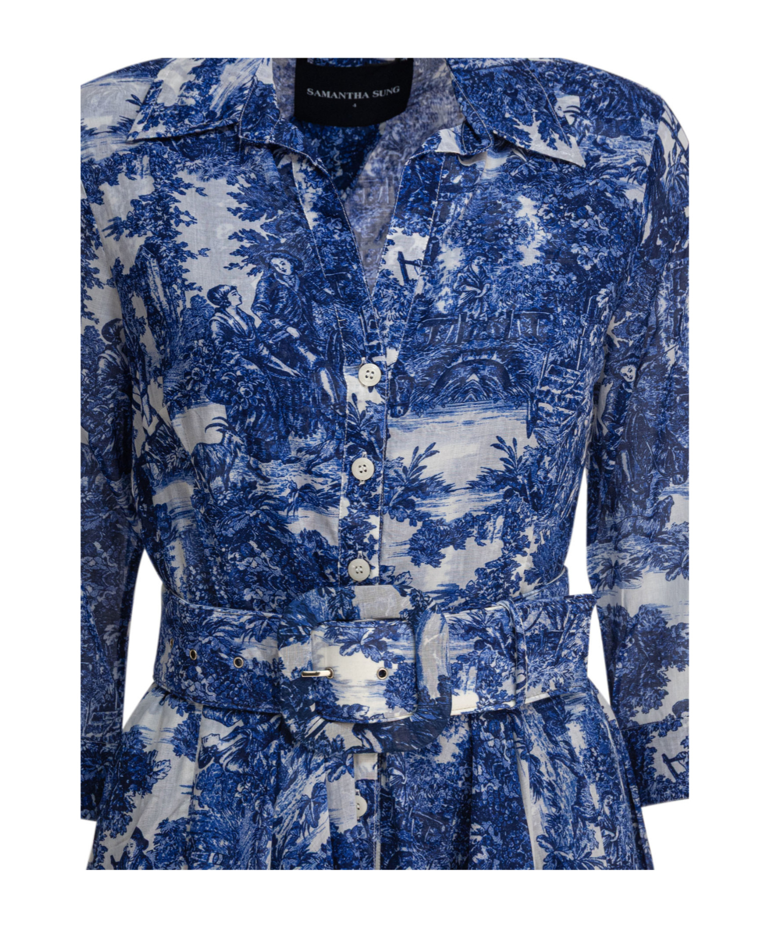 Samantha Sung Toile-print Belted Midi Dress In Blue