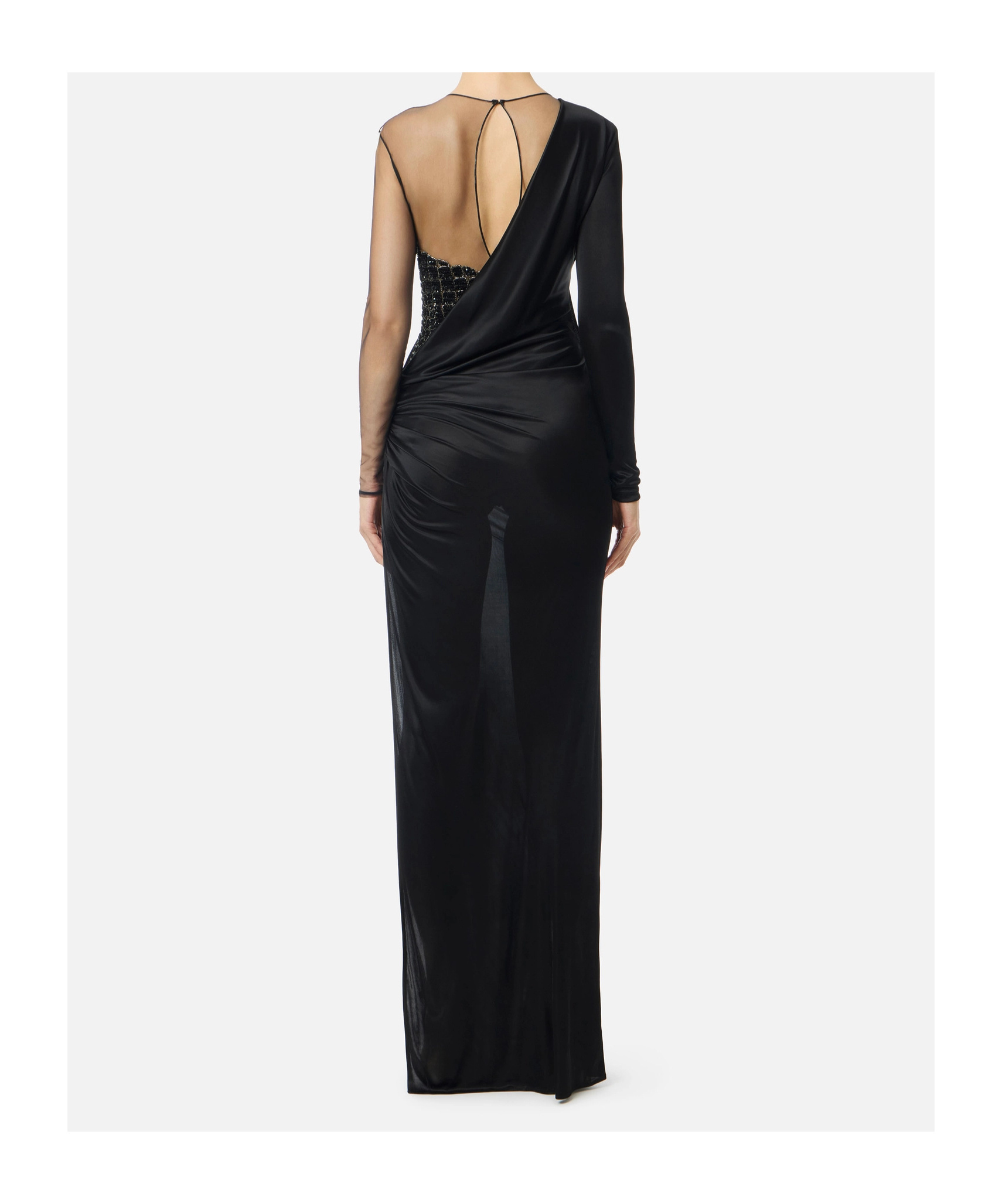 Elisabetta Franchi Red Carpet Tulle And Jersey Dress With Crocodile-effect Embroideries In Black