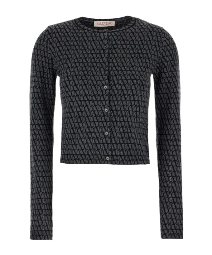 Valentino Grey Toile Iconographe Crew-neck Cardigan In Black