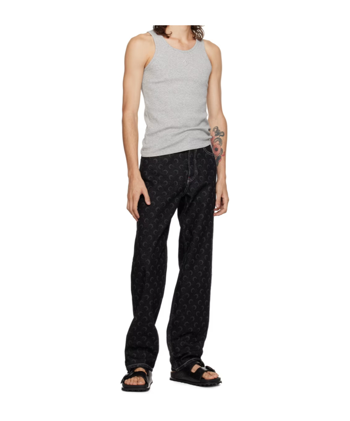 Marine Serre S Grey Logo-embroidered Ribbed Stretch-cotton Top In Black