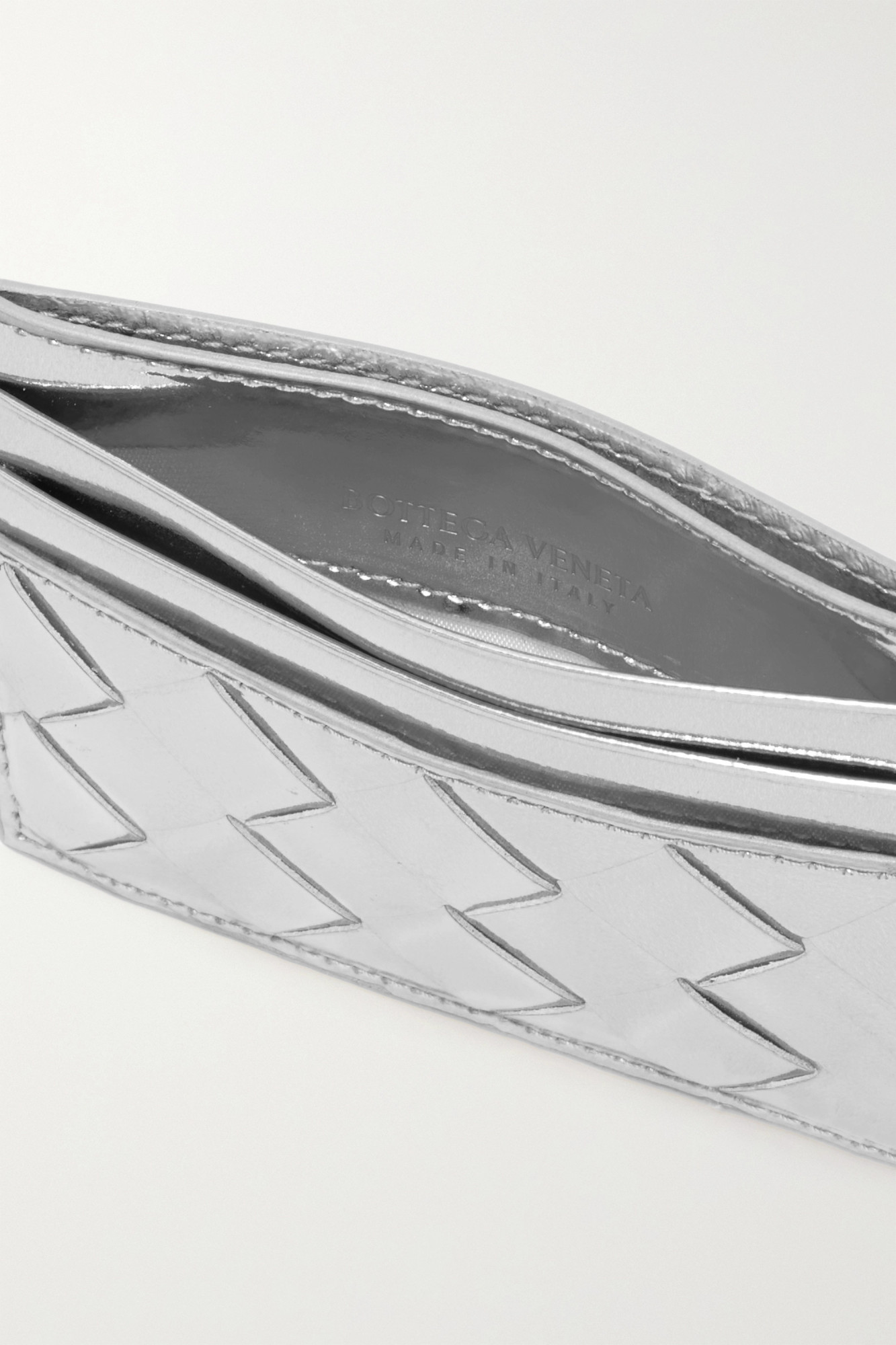 Bottega Veneta Intrecciato Metallic Leather Cardholder In Gray