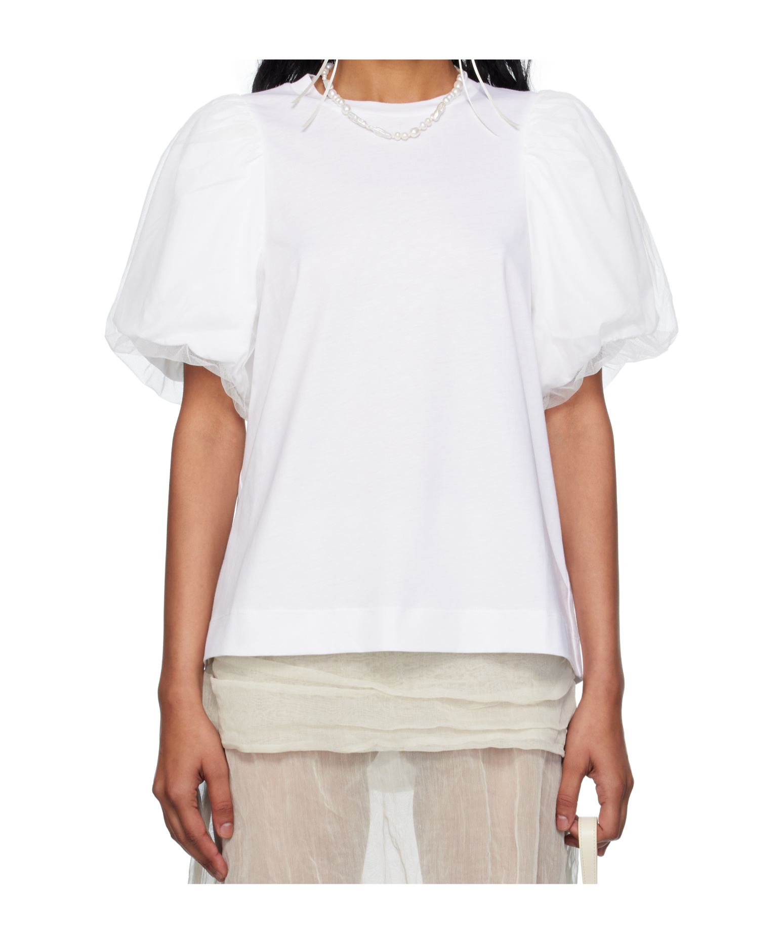 Simone Rocha White Tulle Overlay Puff Sleeve Frill T-shirt In Pattern