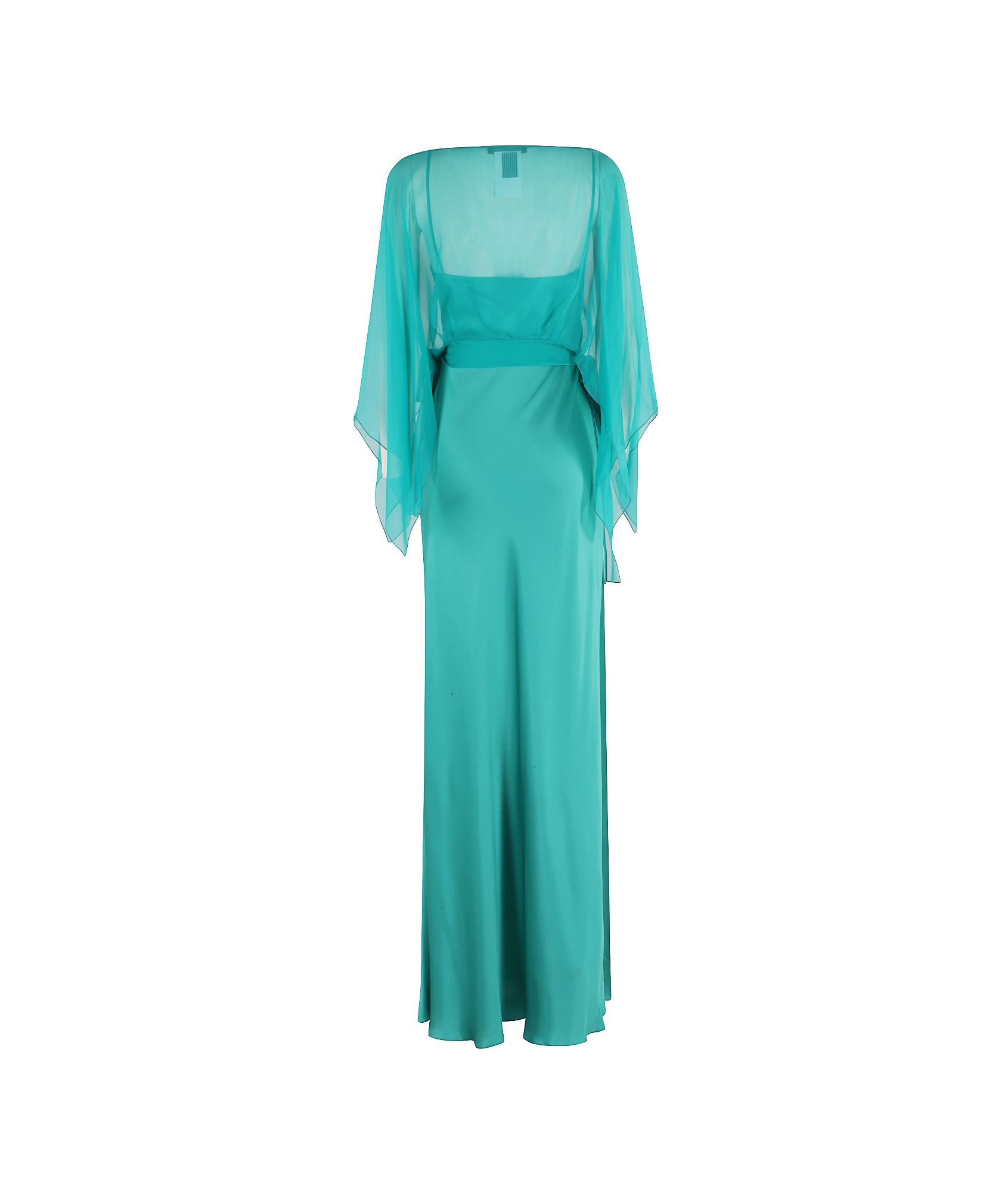 Alberta Ferretti Satin Evening Dress With Flowing Chiffon Cape In Aqua Green