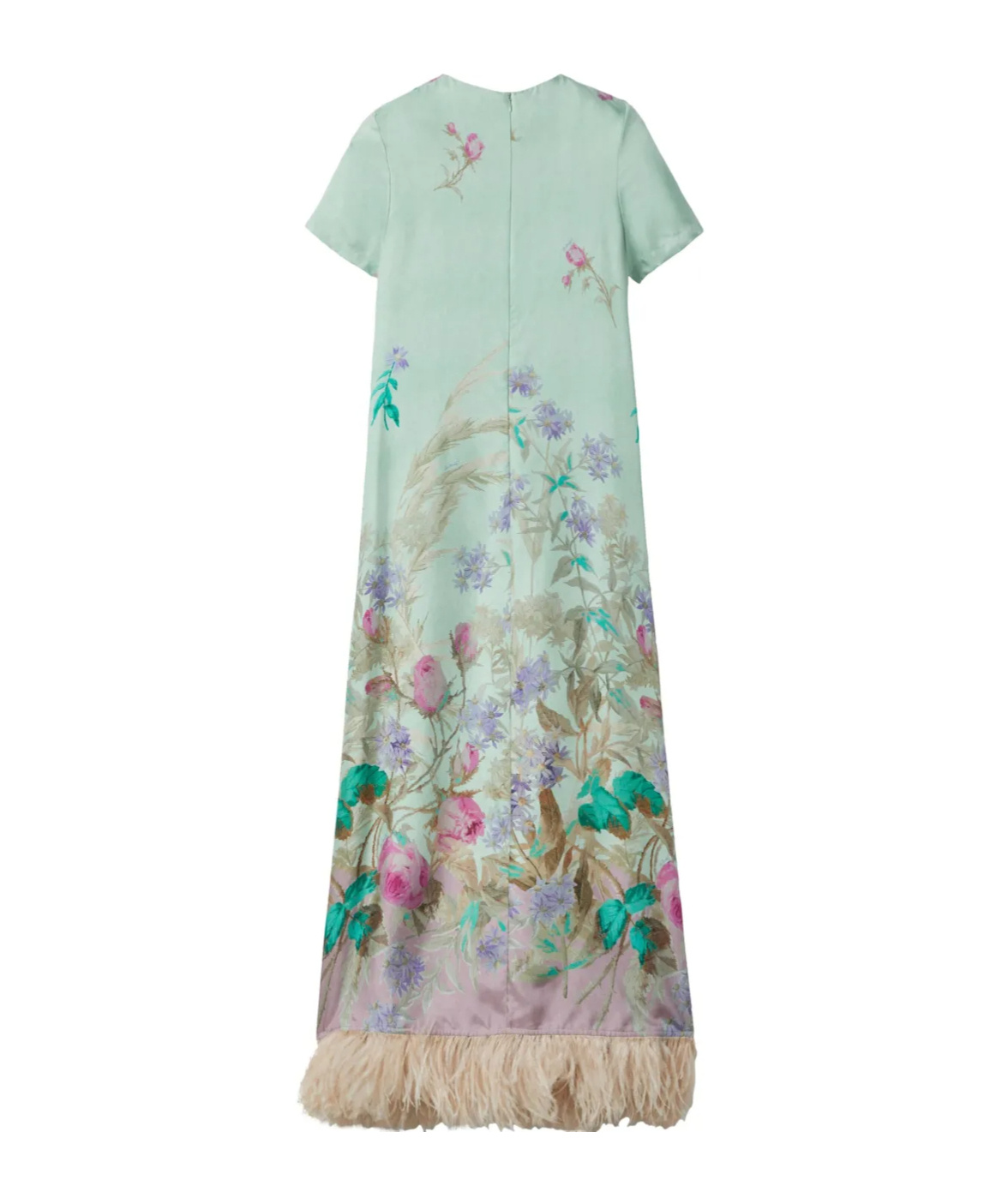 La Doublej Swing Green Midi Dress With Feathered Hem And All-over Floral Print In Silk Woman In Gray