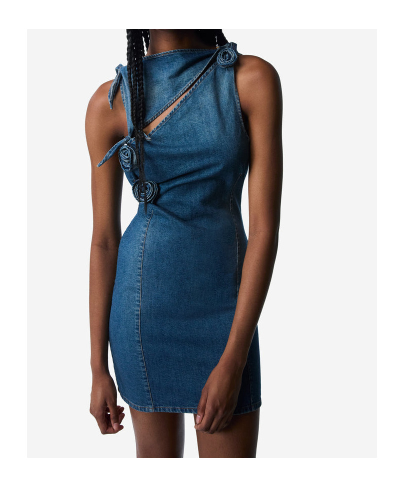 Coperni Denim Asymmetrical Flower Mini Dress In Blue