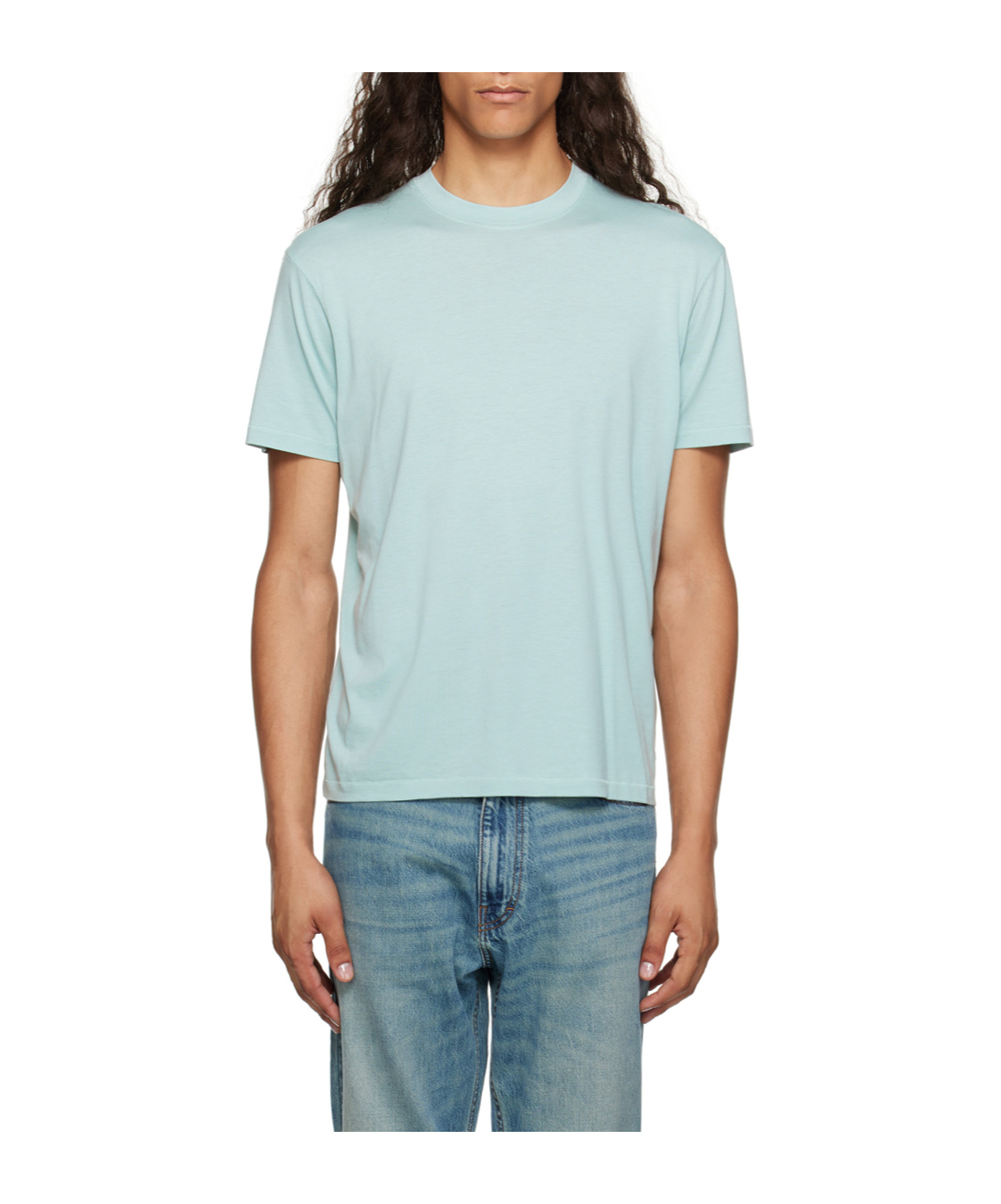Tom Ford Mens Brand-embroidery Crewneck Woven T-shirt Glass Blue In Green