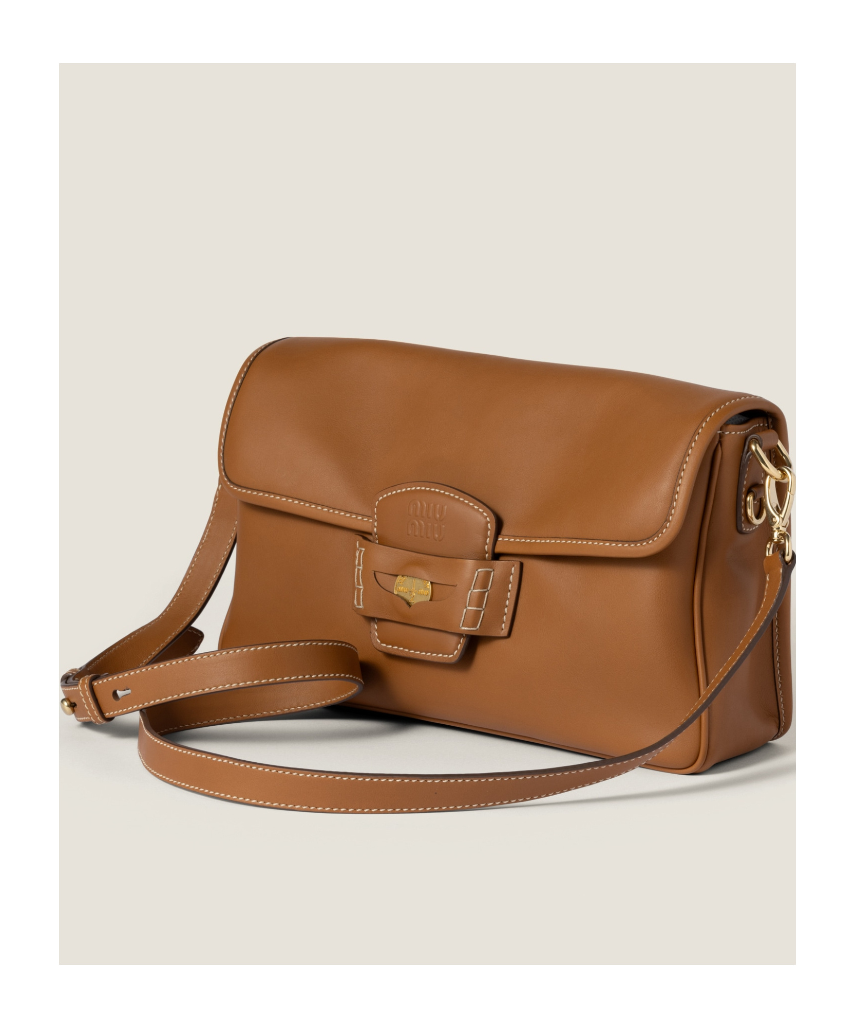 Miu Miu Leather Penny Shoulder Bag With Adjustable Strap In Brown