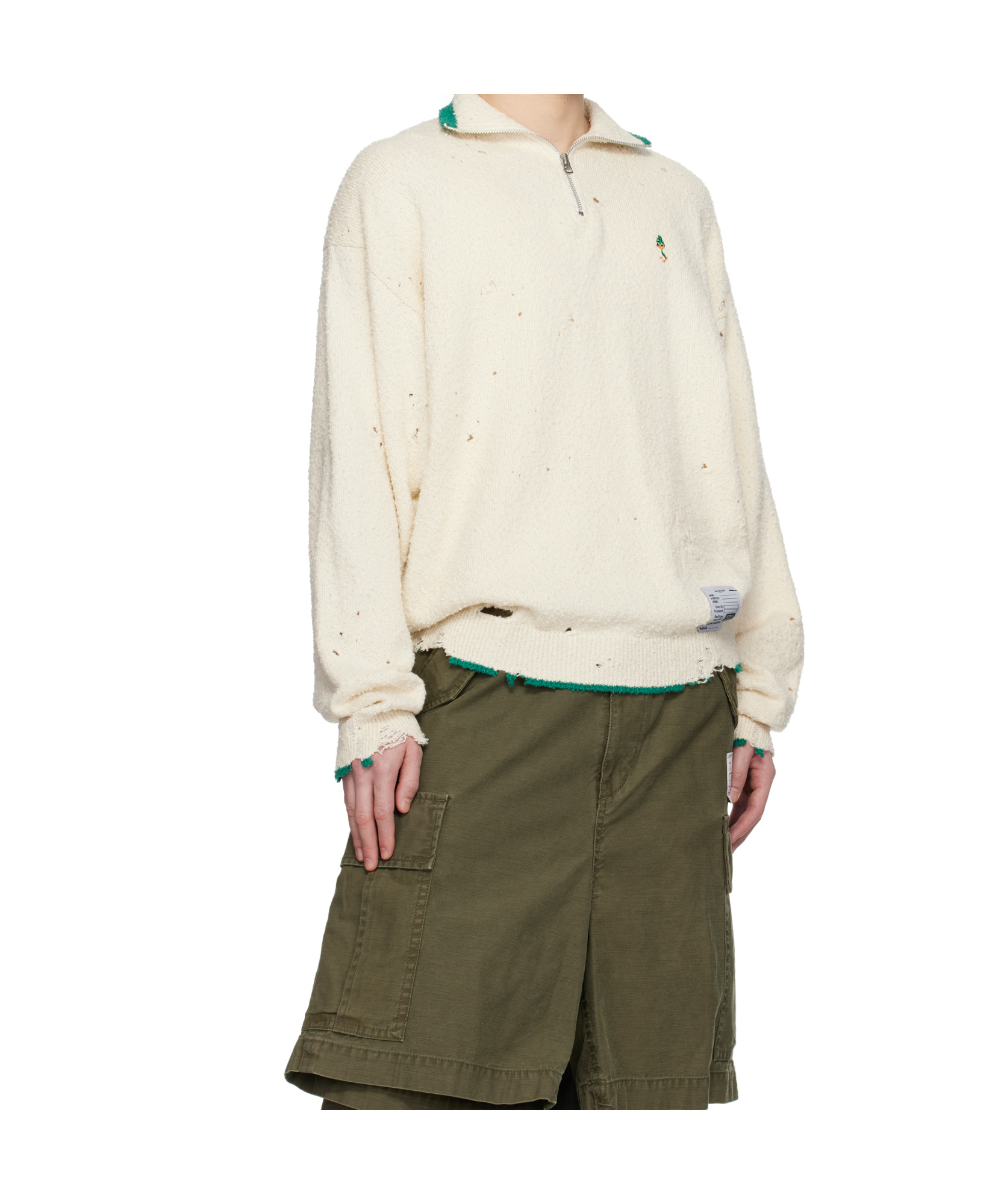 Miharayasuhiro Off-white Distressed Knit Half Zip Sweater In White