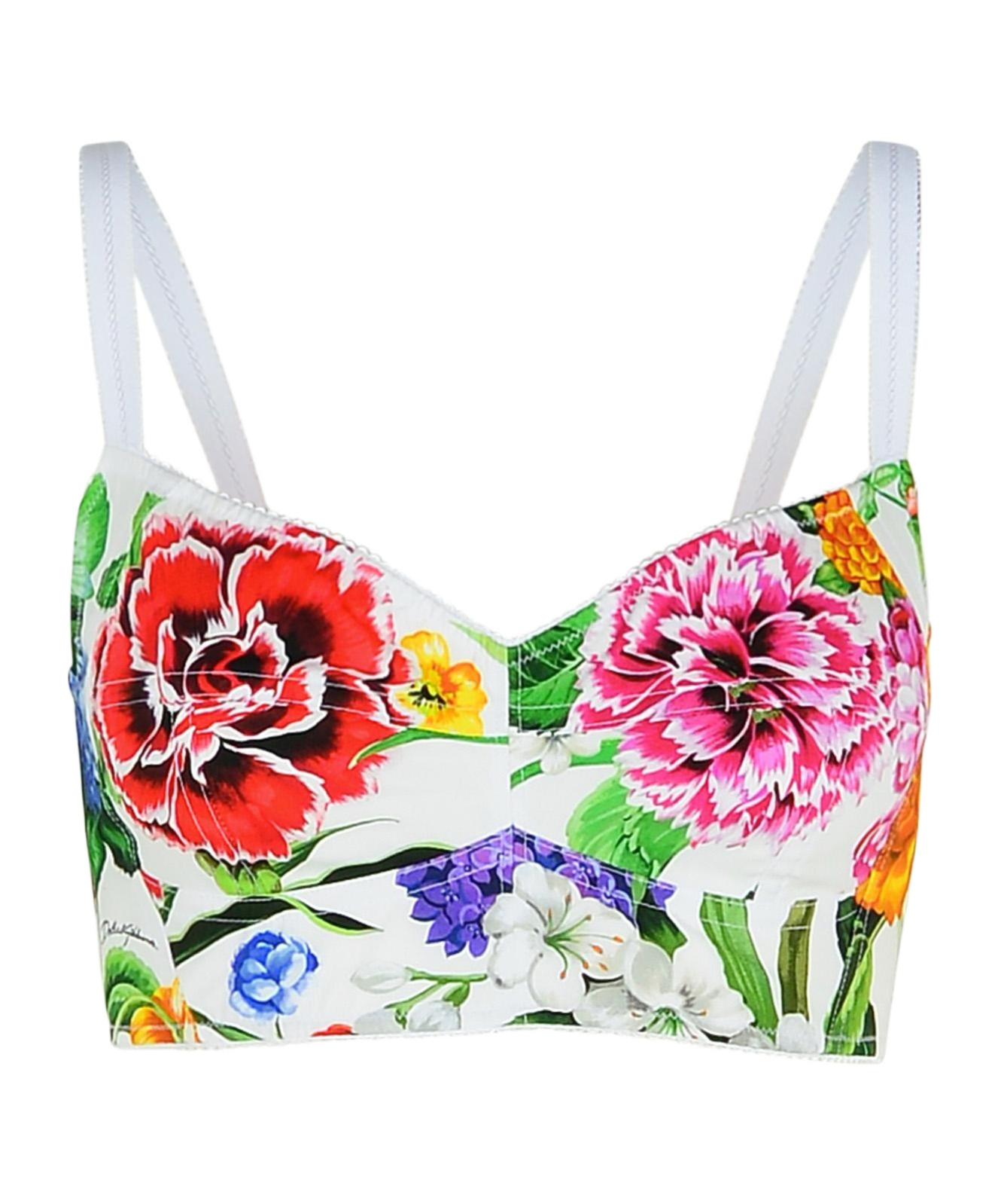 Dolce & Gabbana Multicolor Top With All-over Floral Motif And Adjustable Shoulder Straps In Cotton Blend Woman In White