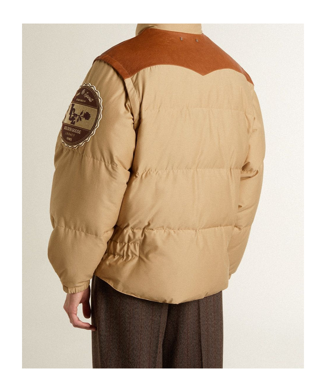 Golden Goose Beige Bomber Jacket With Leather And Patch Details In Brown