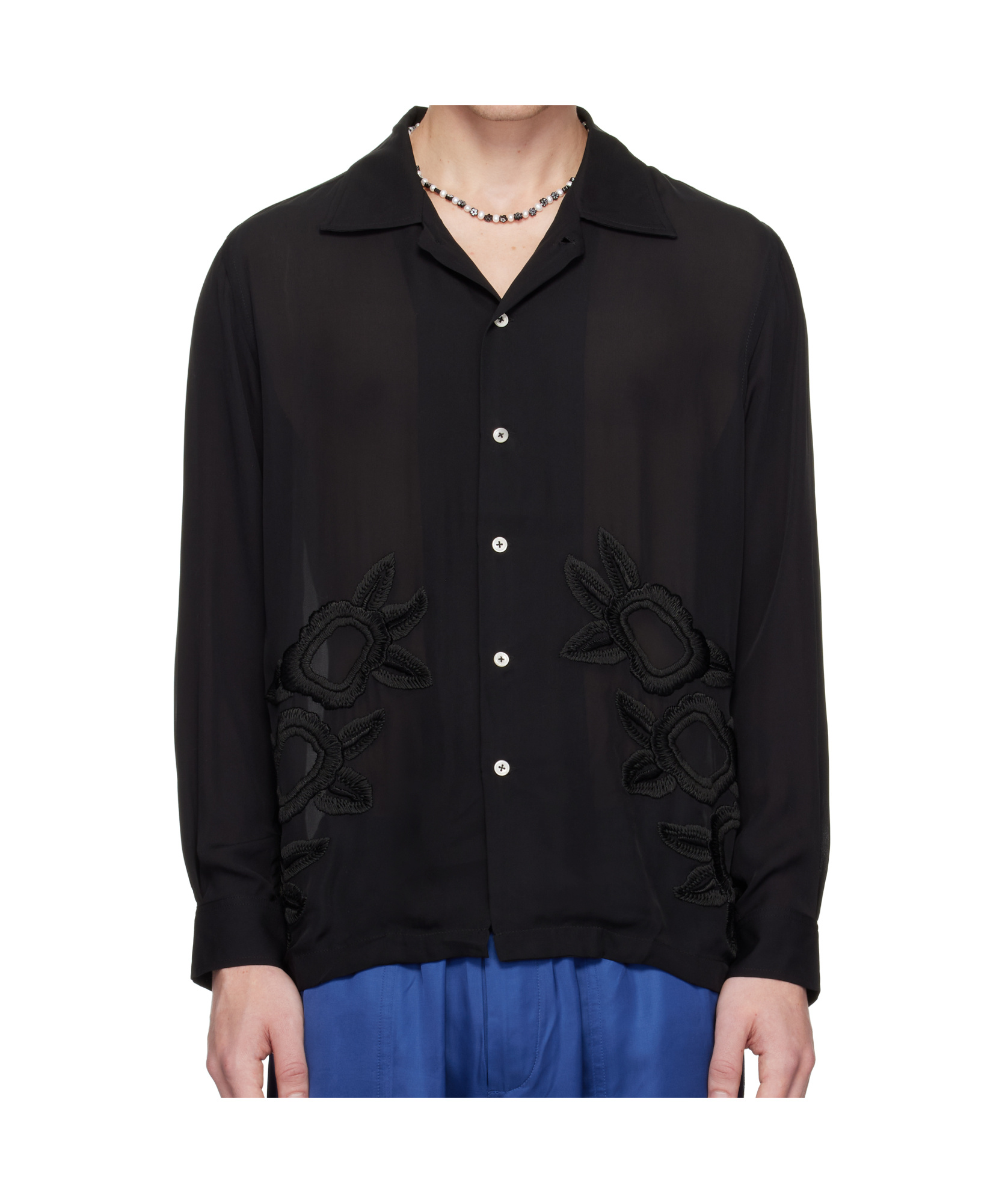 Bode Midnight Daffodil Long Sleeve Silk Button-up Shirt In Black