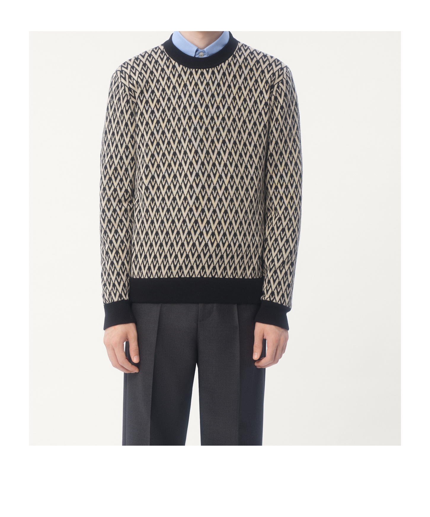 Valentino Crewneck Wool Jumper With Toute La V Jacquard Pattern In Black/cream