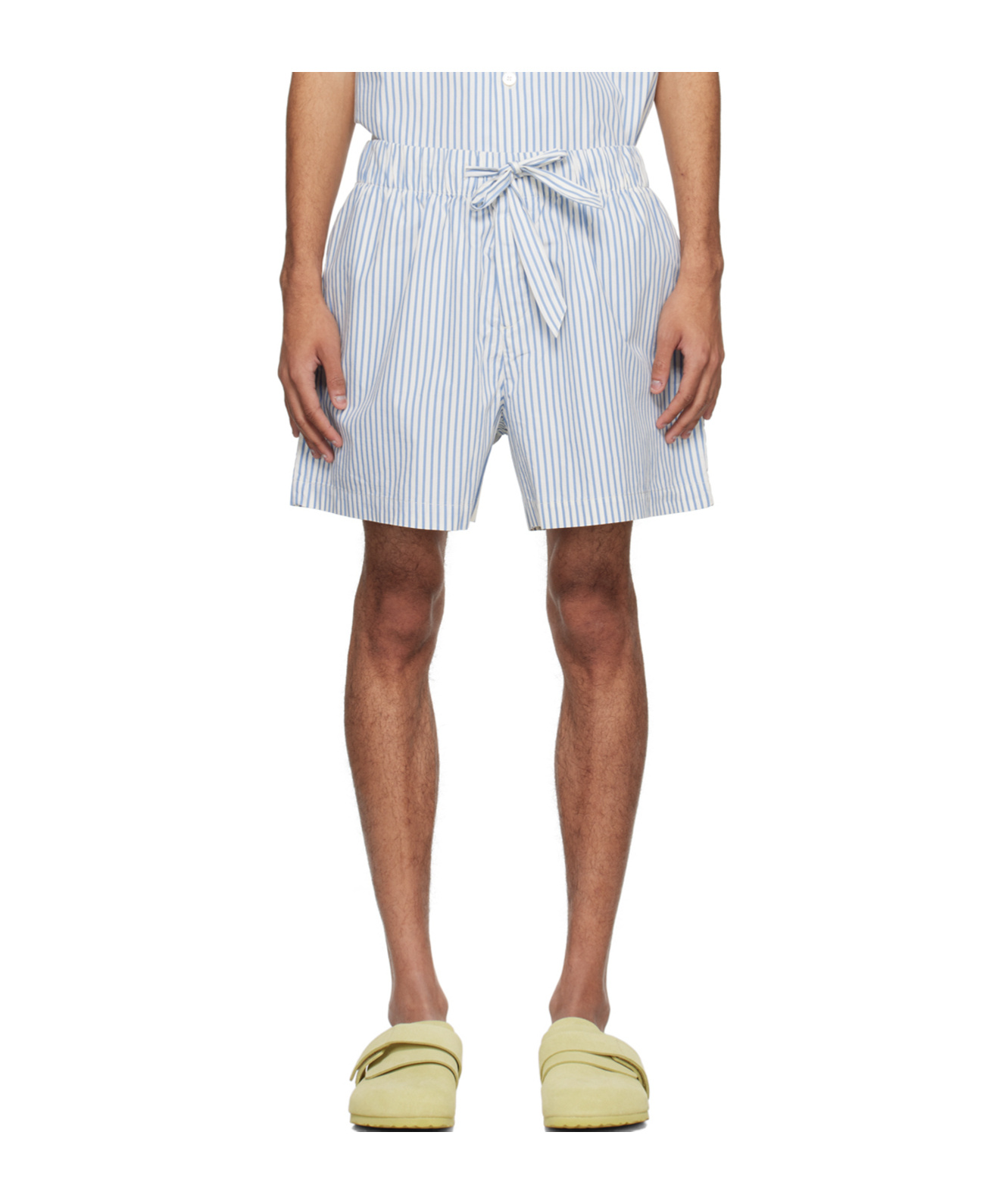Tekla White & Blue Drawstring Pyjama Shorts In Off-white/blue