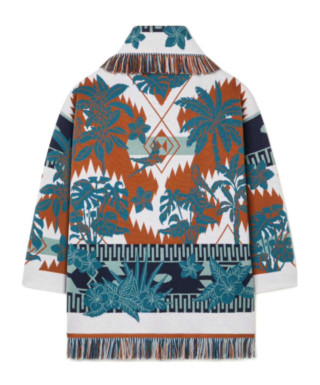 Alanui Long Floral Cardigan With Fringe Shawl Collar In Brown