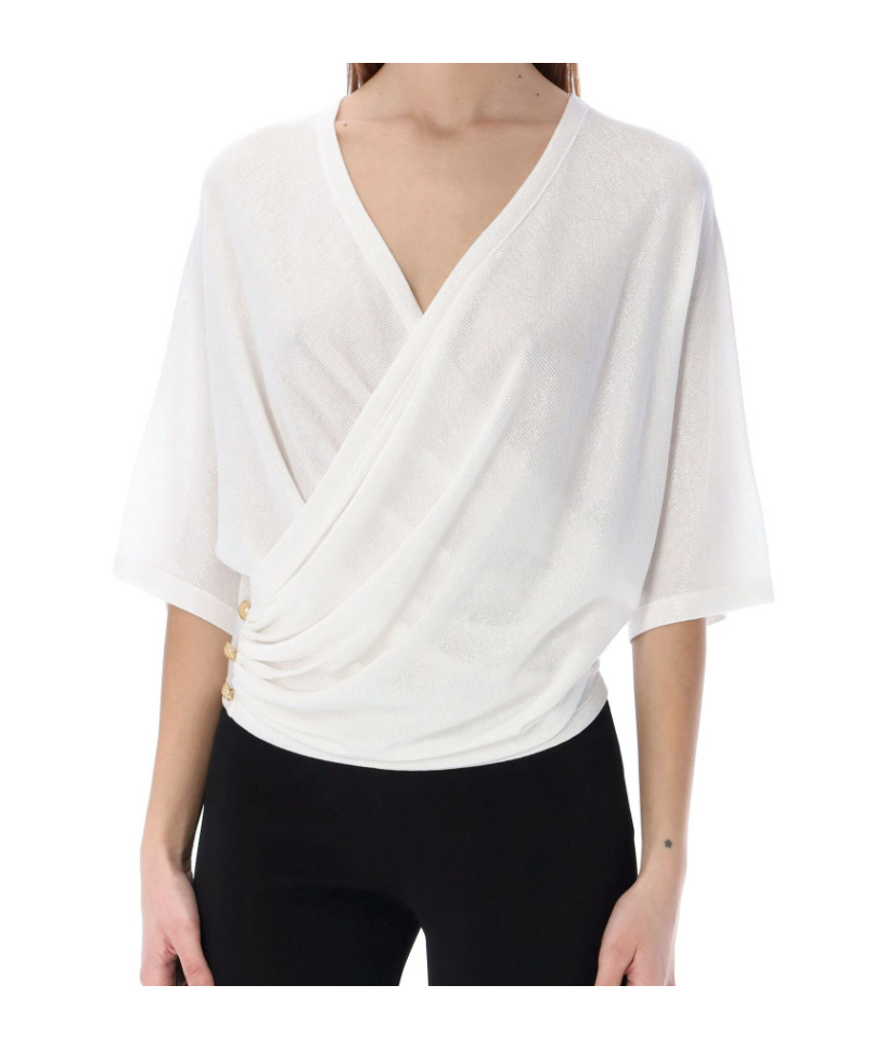 Balmain Metallic Wrap Jersey Top In White