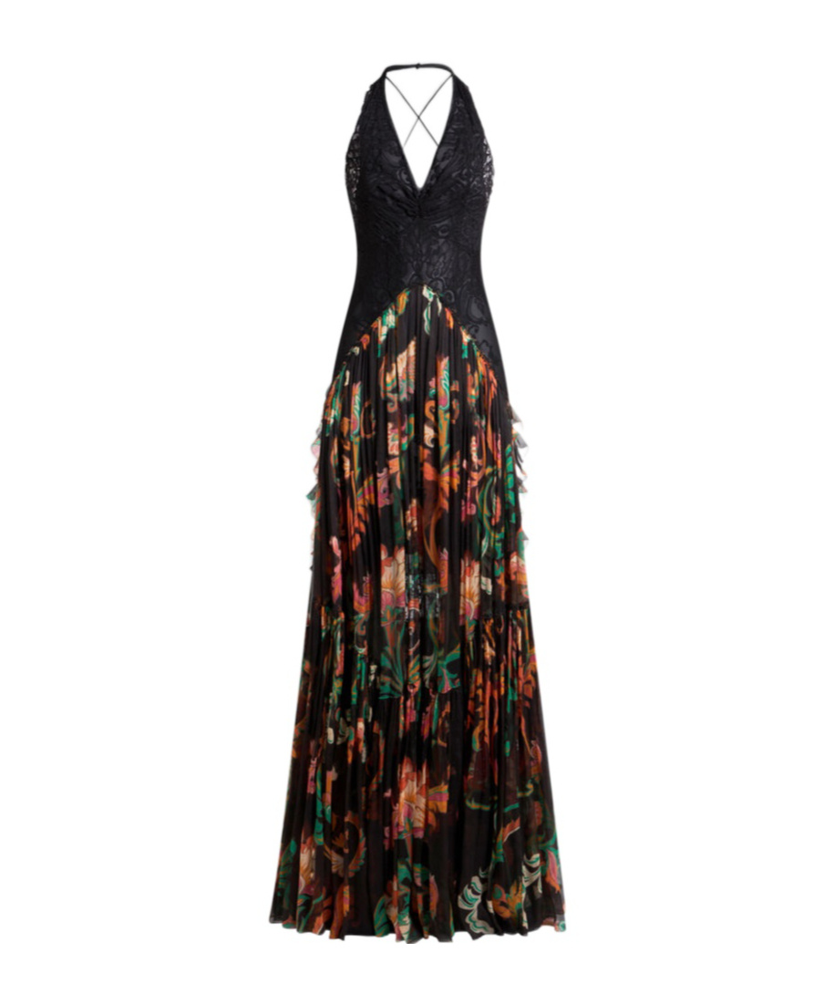 Etro Long Silk Dress With Flounce In Black