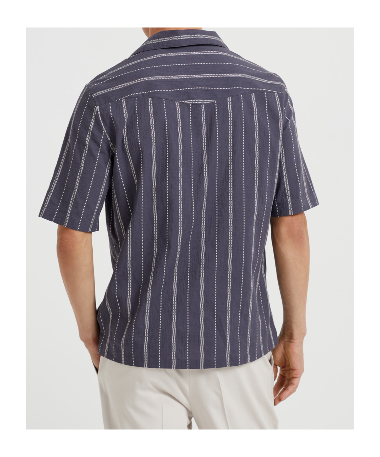Brunello Cucinelli Textured Stripe Seersucker Easy Fit Short Sleeve Shirt With Camp Collar In Blue