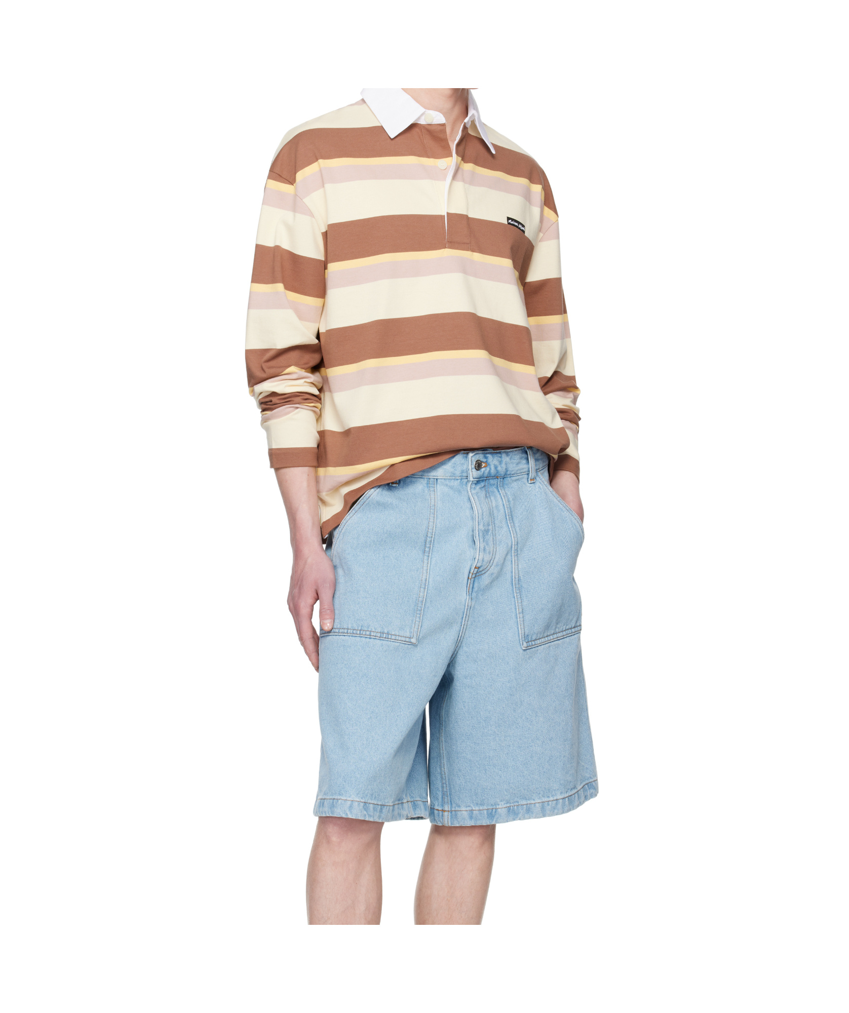 Maison Kitsuné Striped Long-sleeved Polo Shirt In Brown