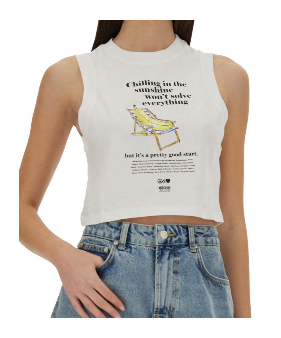 Moschino Graphic Print Sleeveless Crop Top In White