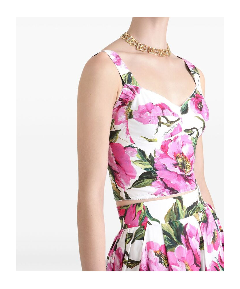 Dolce & Gabbana Pink Crop Top With All-over Printed Floral Motif In Cotton Blend Woman In Multicolor