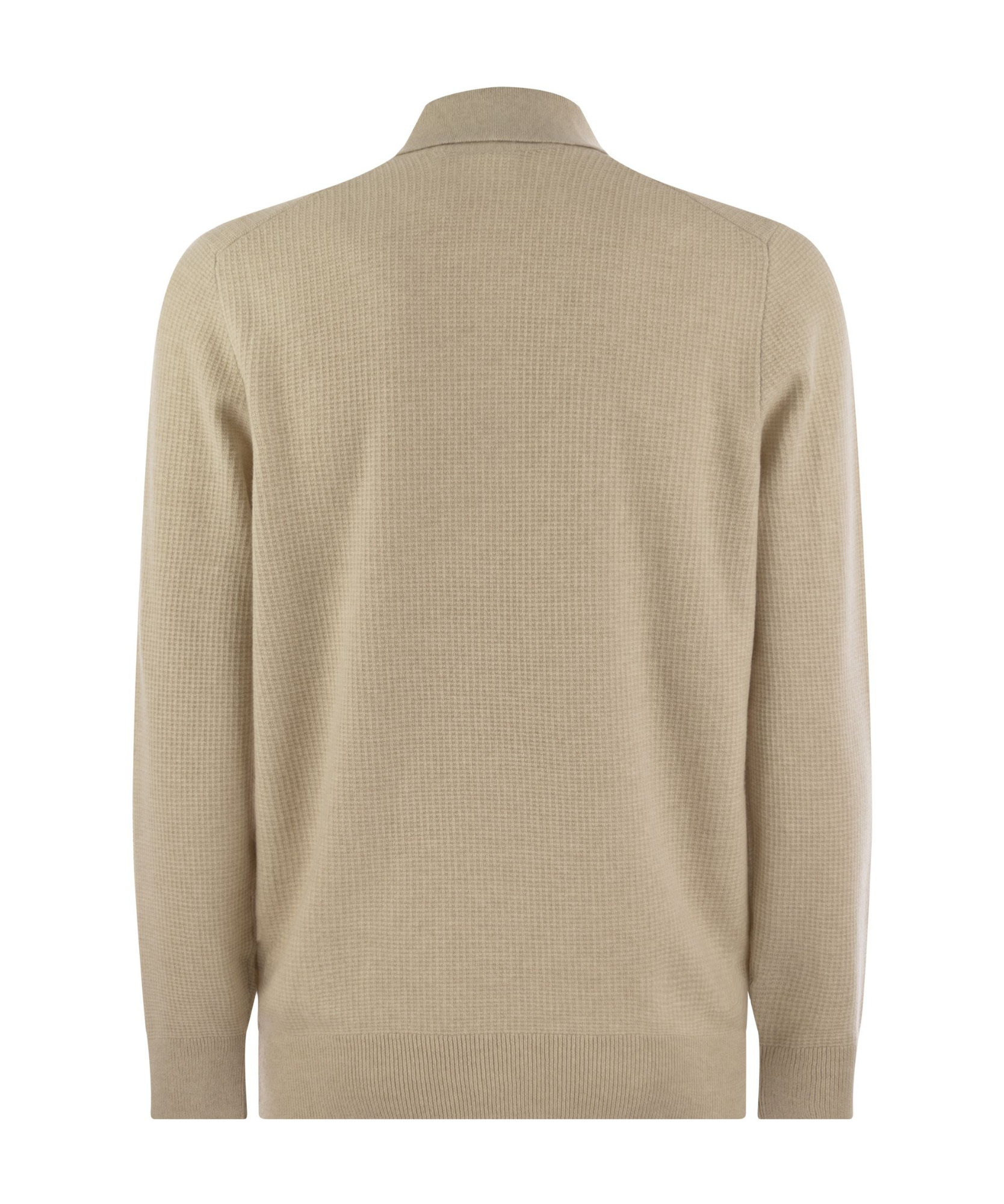 Brunello Cucinelli Men Waffle Stitch Cashmere Knit Polo Shirt With Long Sleeve In Nude