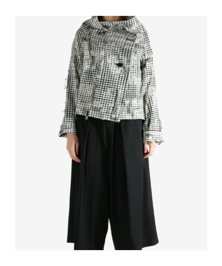 Y's Check-pattern Frayed-hem Jacket In Gray