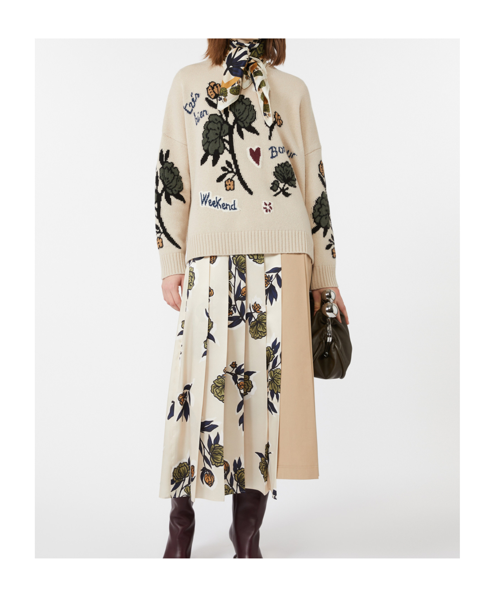 Weekend Max Mara Pleated Skirt In Patterned Twill In Neutral
