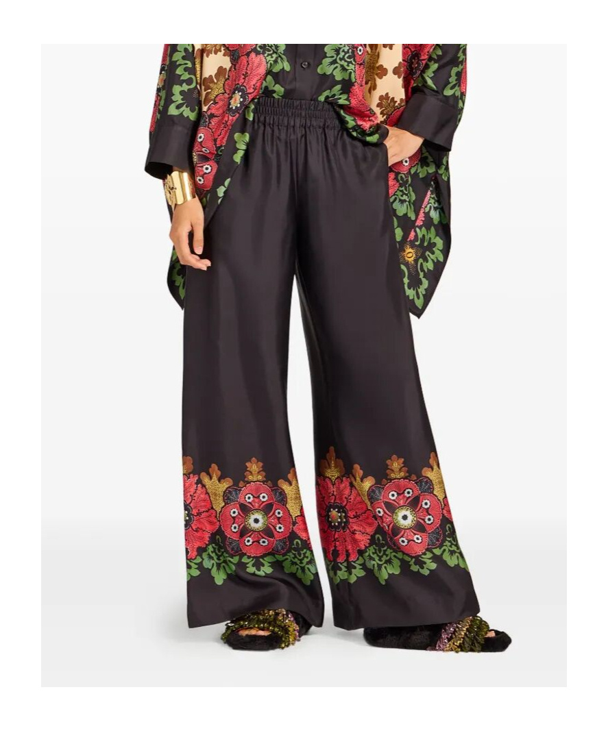 La Doublej Printed Silk Twill Palazzo Pants In Black