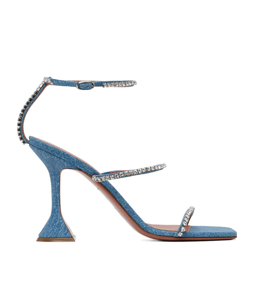 Amina Muaddi Gilda Crystal Strap Denim Sandal In Blue