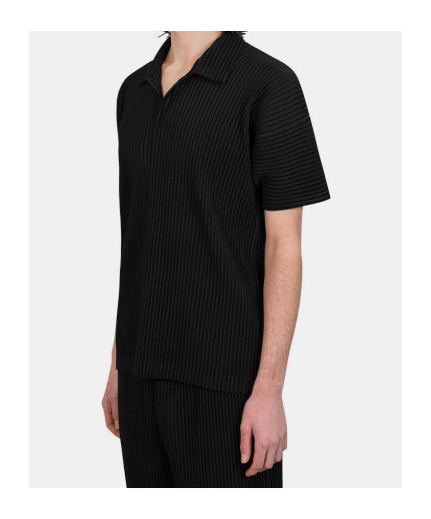 Issey Miyake Pleated Black Polo Shirt With Boxy Silhouette In Black