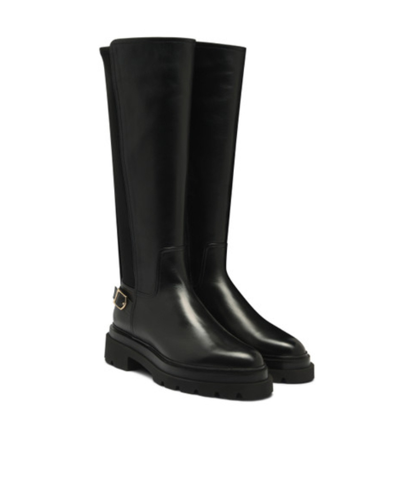 Santoni Leather Stretch Buckle Knee Boots In Black