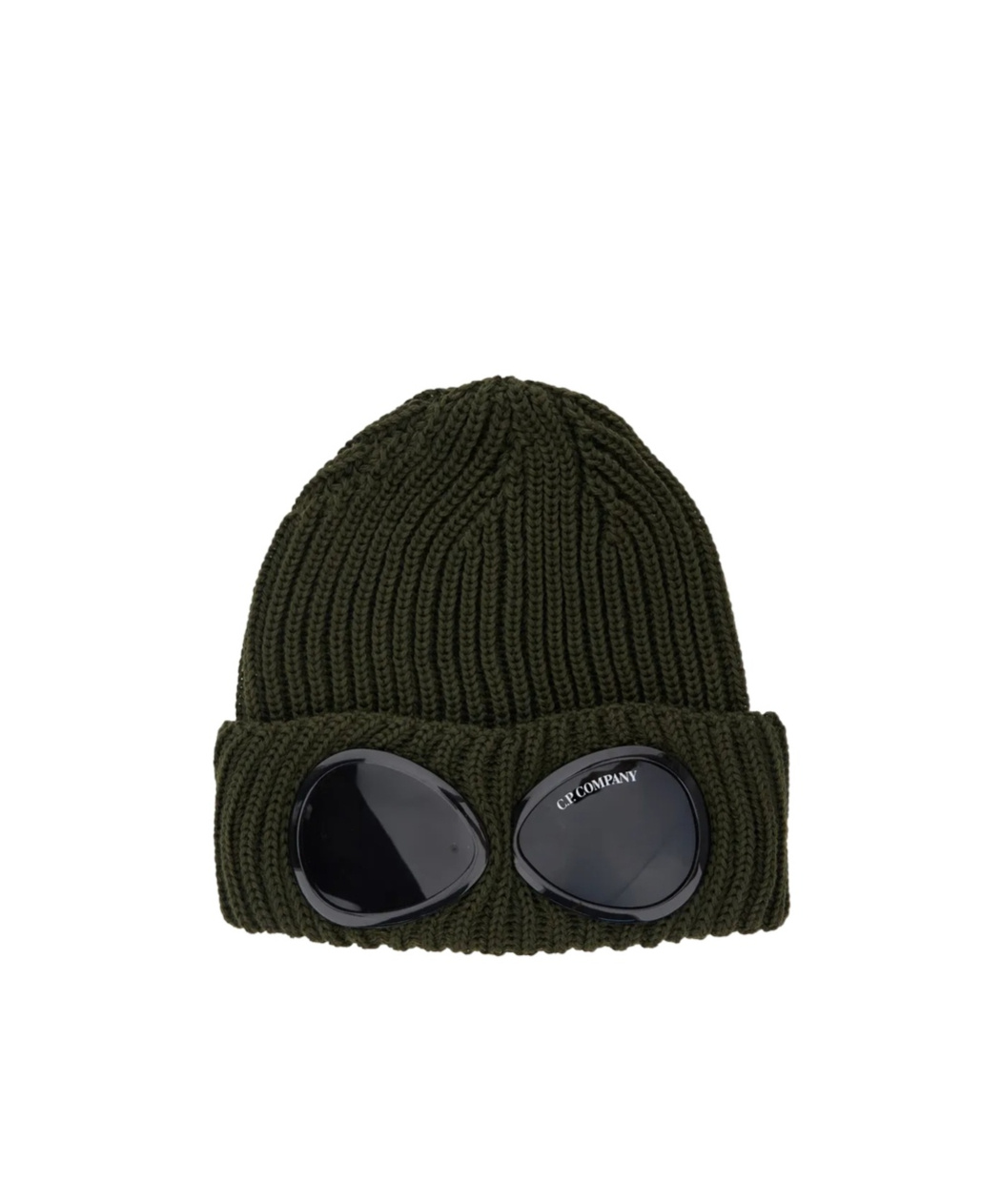 C.p. Company Green Knit Beanie With Googles Detail On The Front