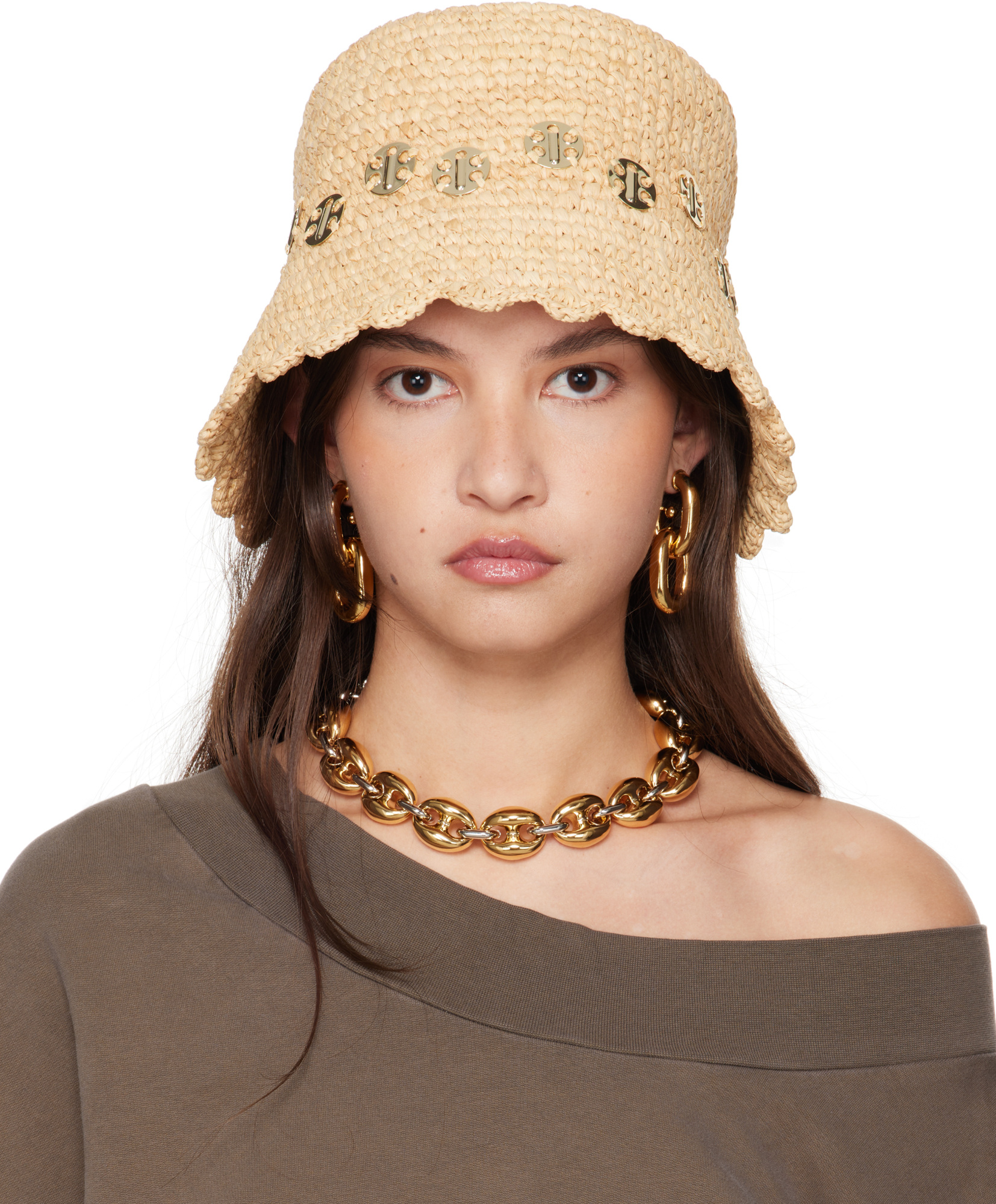 Rabanne 'autres' Beige Hat With Metallic Embellishments In Raphia Woman In Nude