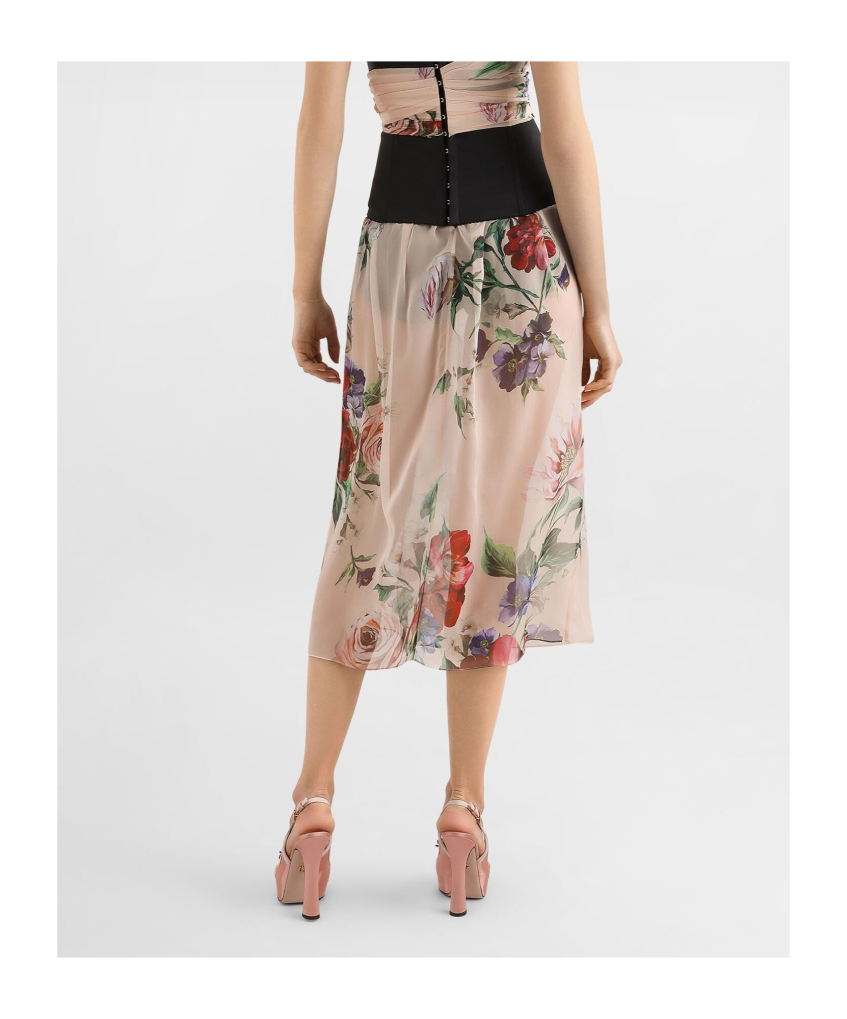 Dolce & Gabbana Pleated Floral Midi Skirt With Elasticated Waist In Nude