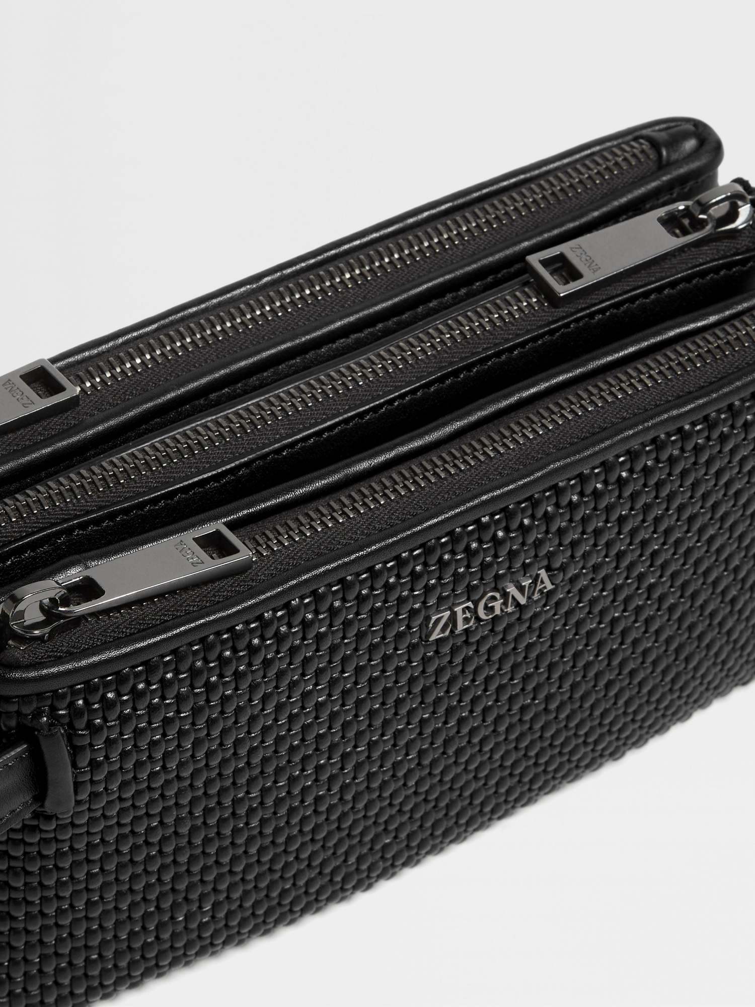 Zegna Pelletessuta Logo Lettering Triple Zip Pouch In Black