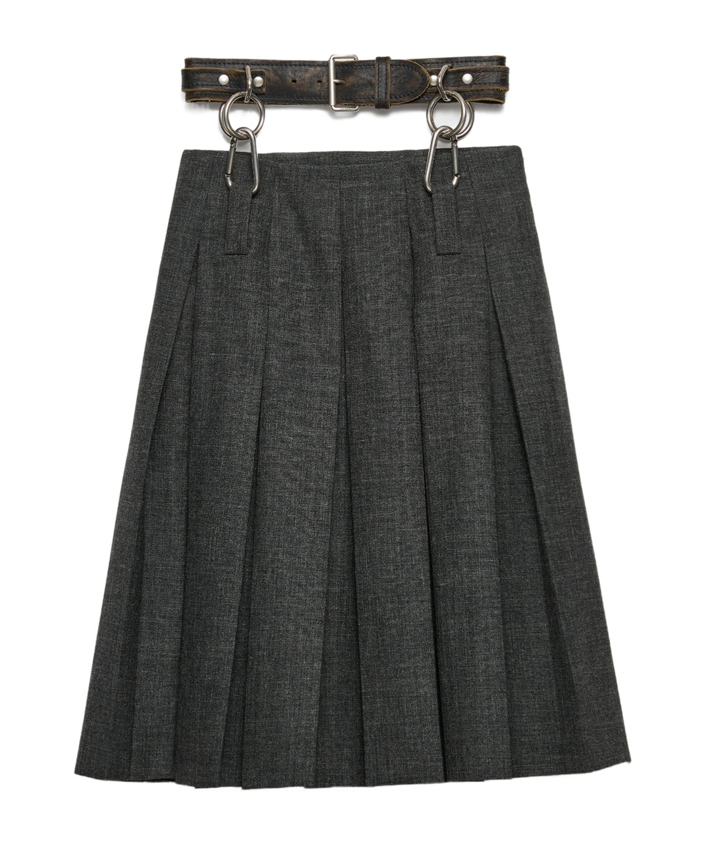 Prada Suspended Leather Belt Pleated Wool Skirt In Limestone Ash