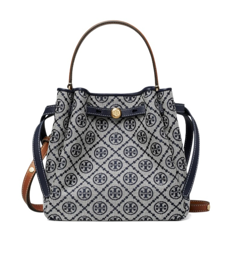 Tory Burch Romy T Monogram Bucket Bag In Blue