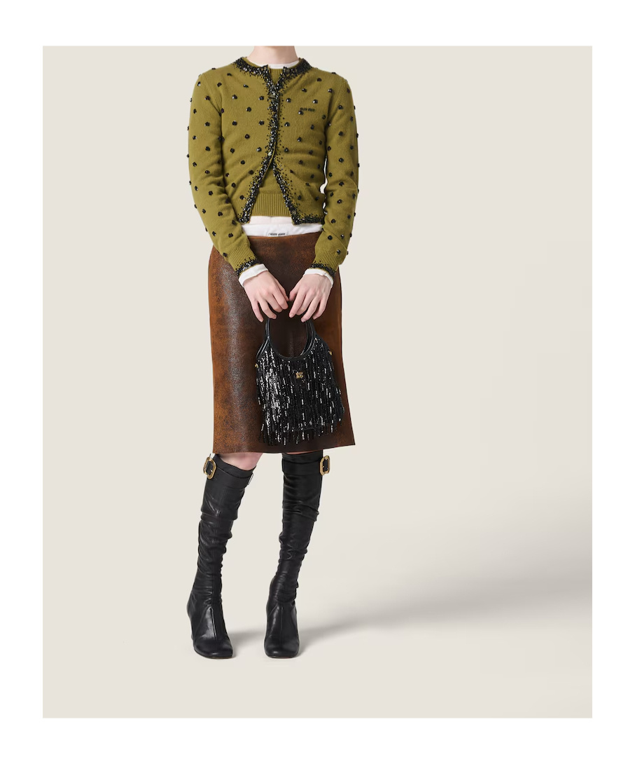 Miu Miu Ivy Satin Handbag With Crystal And Sequin Fringe In Black