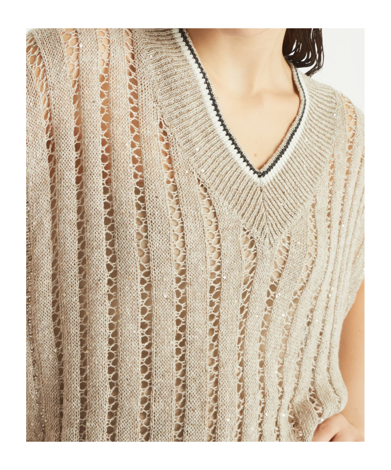 Brunello Cucinelli Women Dazzling Ribbed Net Knitted T-shirt In Linen In Nude
