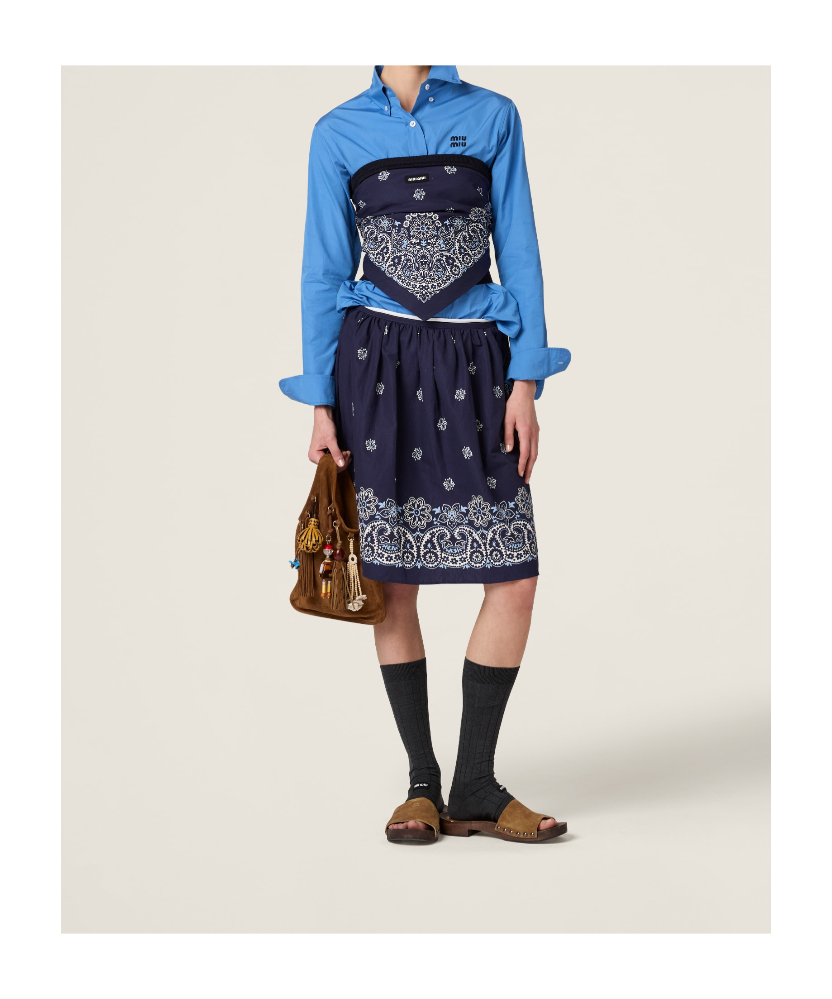 Miu Miu Cotton Popeline Shirt With Logo Embroidery In Blue