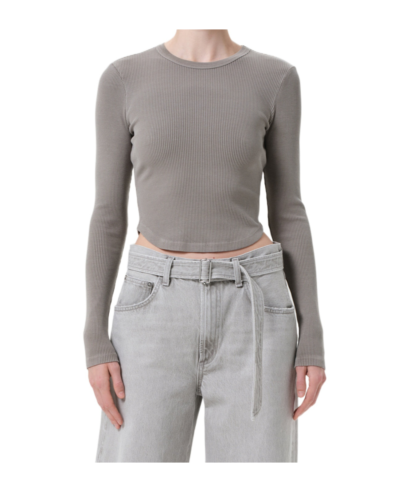 Agolde Long-sleeved Ribbed T-shirt In Gray