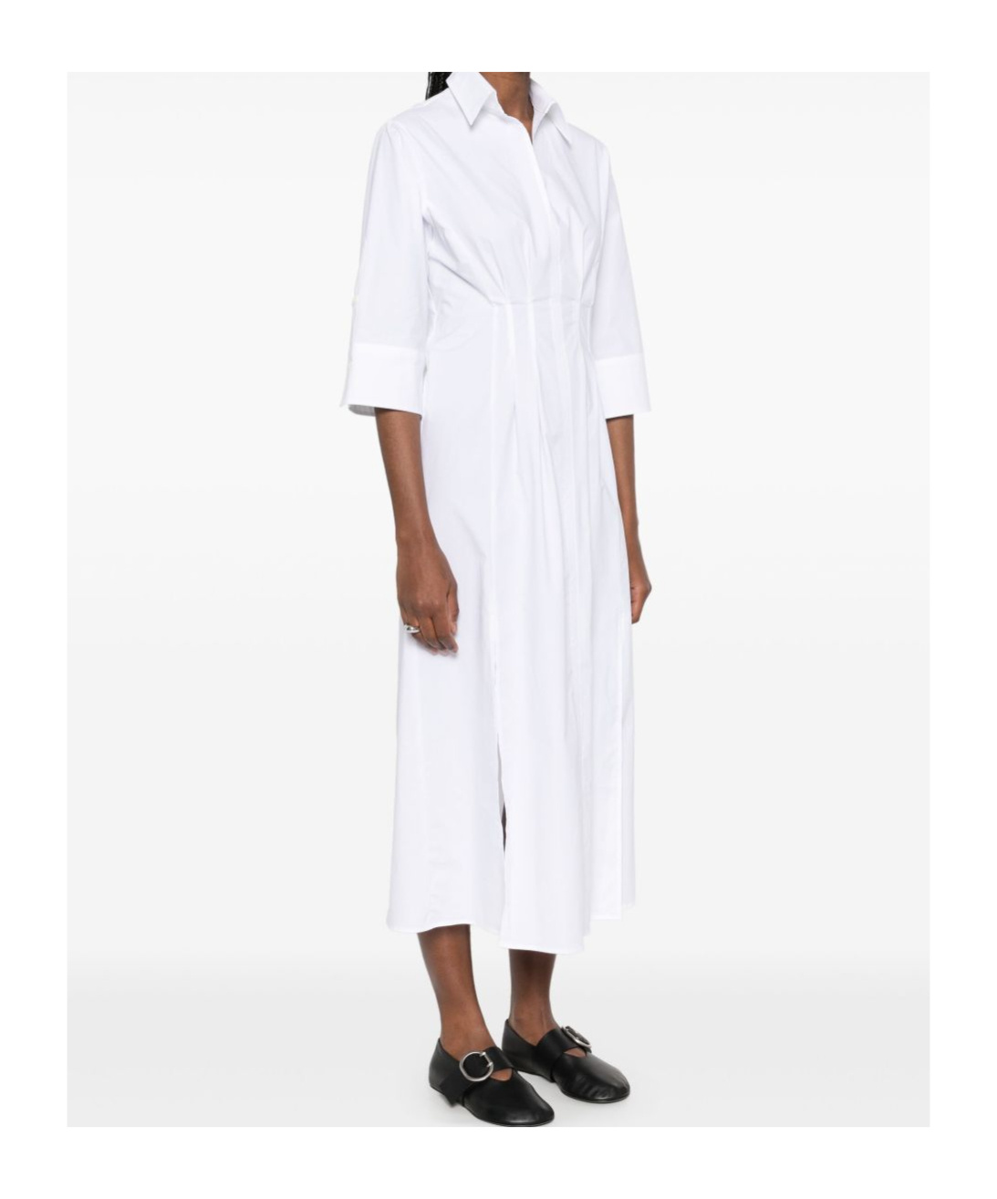 Seventy Pleated White Dress With Buttoned Cuffs And Side Slits